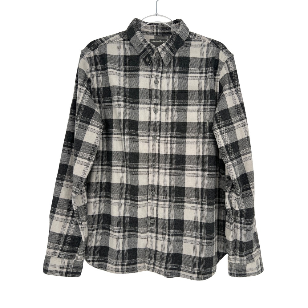 Eddie Bauer Mens Gray Black Plaid Flannel Button‎ Down Shirt Large Long Sleeve
